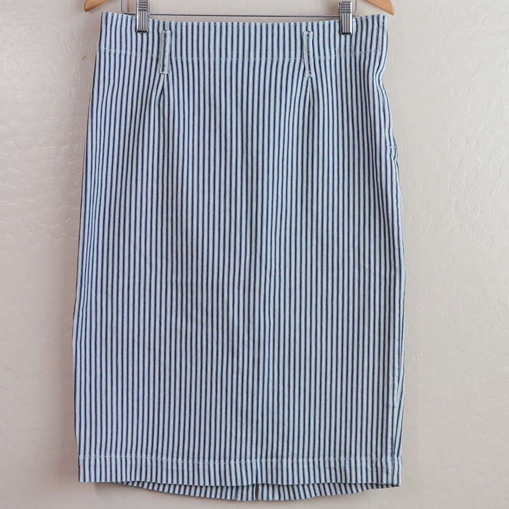 J.Crew Denim Railroad Striped Midi Pencil Skirt Size 30‎ Fair Trade Certified